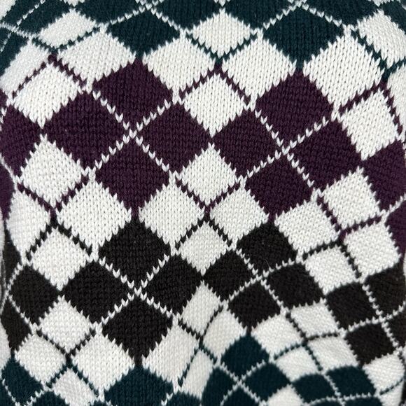 Vtg Alcott & Andrews Shawl Collar Womens L Argyle Sweater Warm 80s White Green - Picture 5 of 6